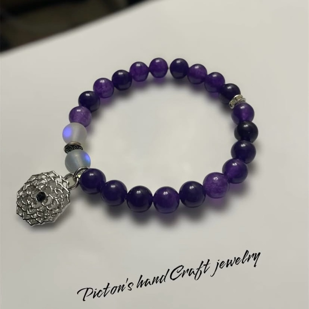 Purple and Silver Amethyst Bracelet with Intricate Charm.Customized!
